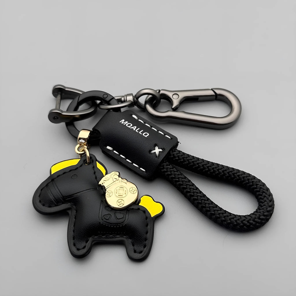 Handmade cowhide car key ring pendant with zinc alloy pony belt buckle on a colourful flanelle rope.