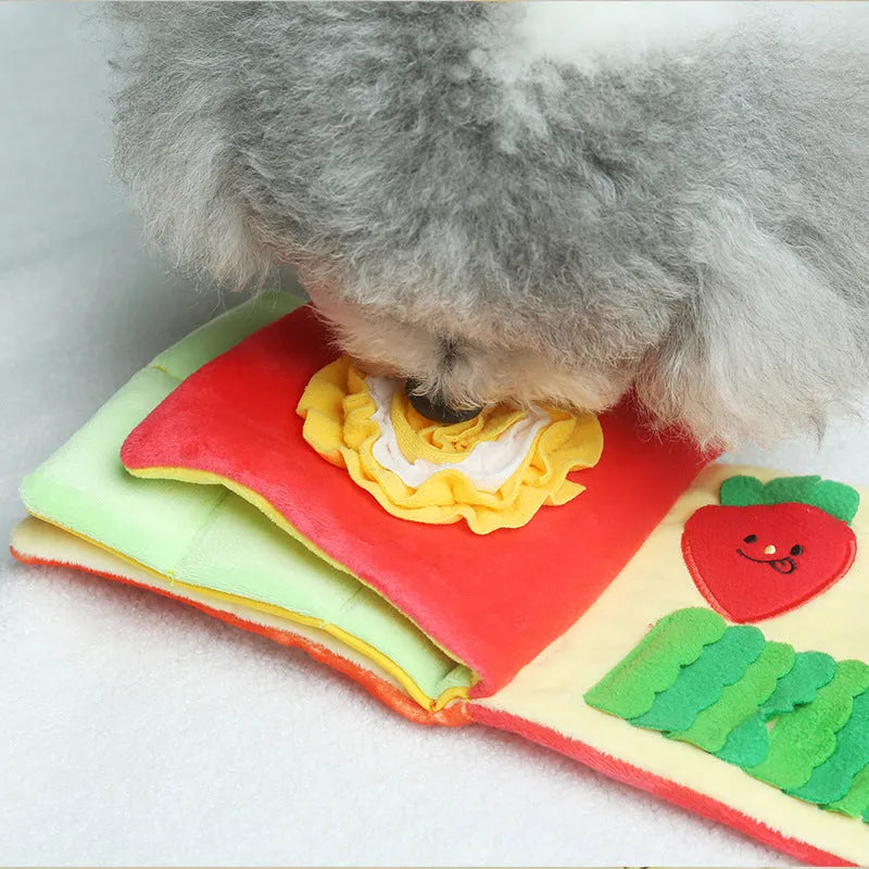 Red book plush pet toy for food searching and interactive enrichment featuring soft fabric