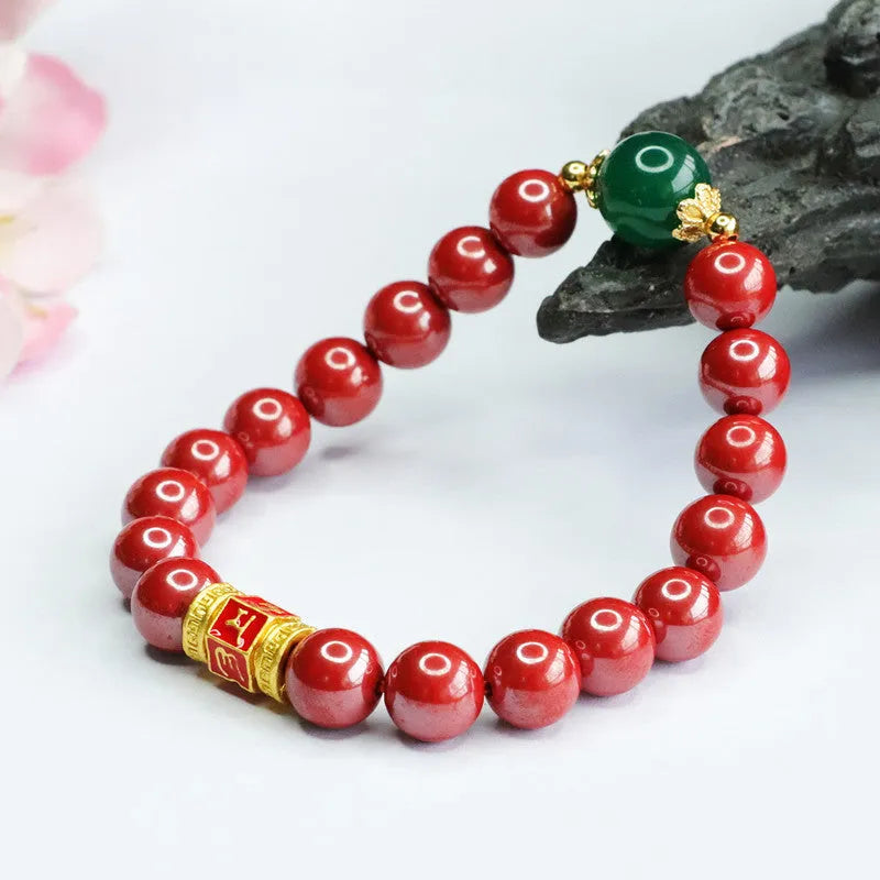 Emperor sandstone cinnabar bracelet with six-word Buddhist motto on adjustable band