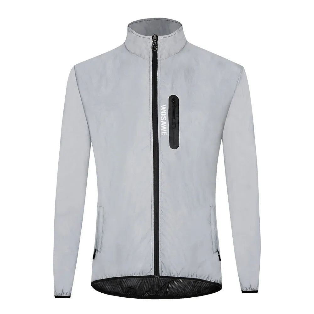 Silver waterproof polyester windproof long sleeved top showing front view