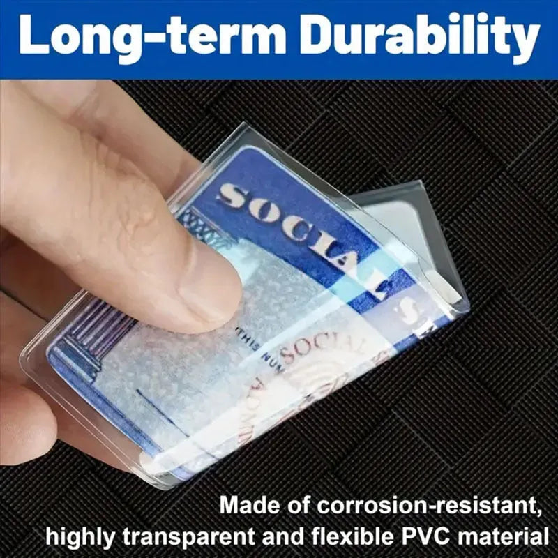 Clear transparent PVC ID card holder for social security card, shown with dimensions 9.7cm by 5.9cm.