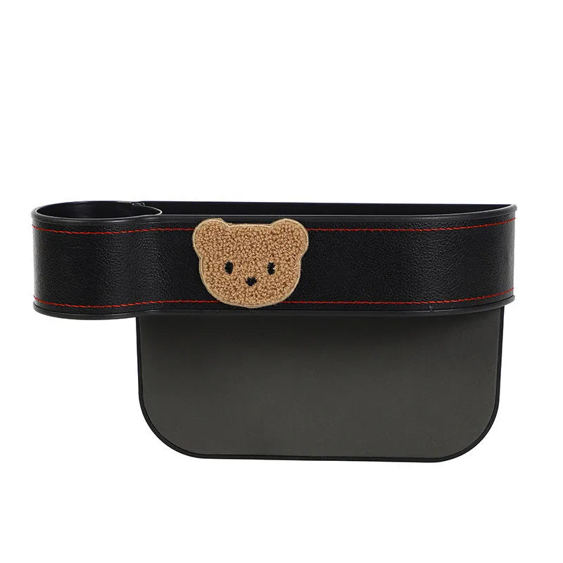 Leather car seat gap storage box with hanging design in a cartoon bear theme