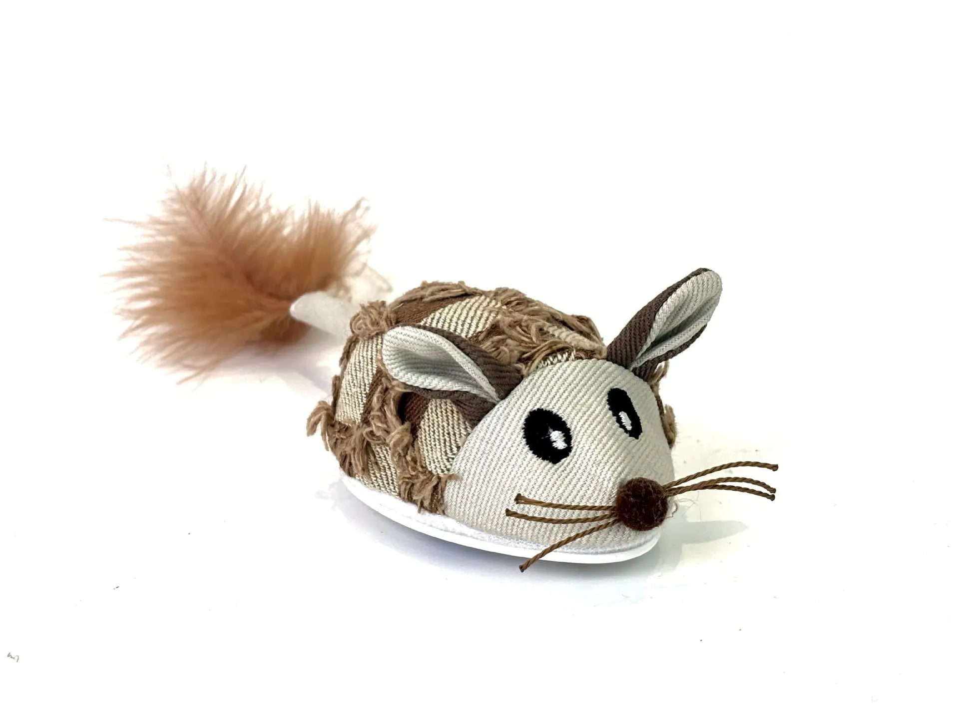 Electronic motion cat toy with moving mouse mechanism in blue or yellow colour, featuring detachable feathers and compact 18cm design