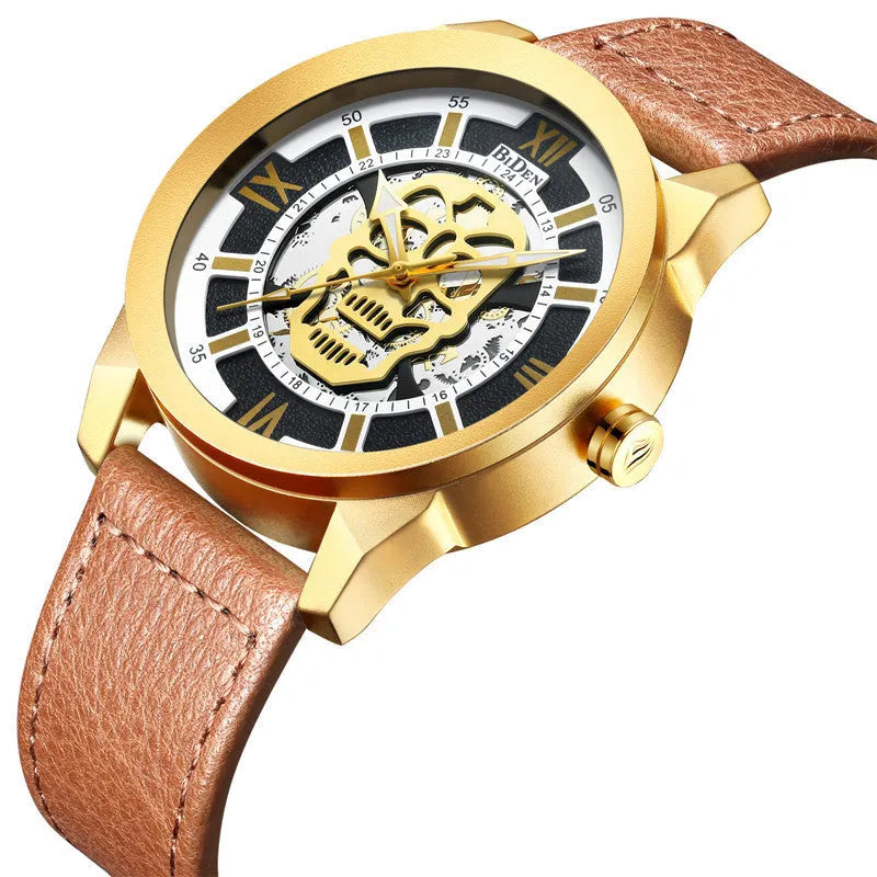 Men's hollow quartz watch with black strap showing calendar function
