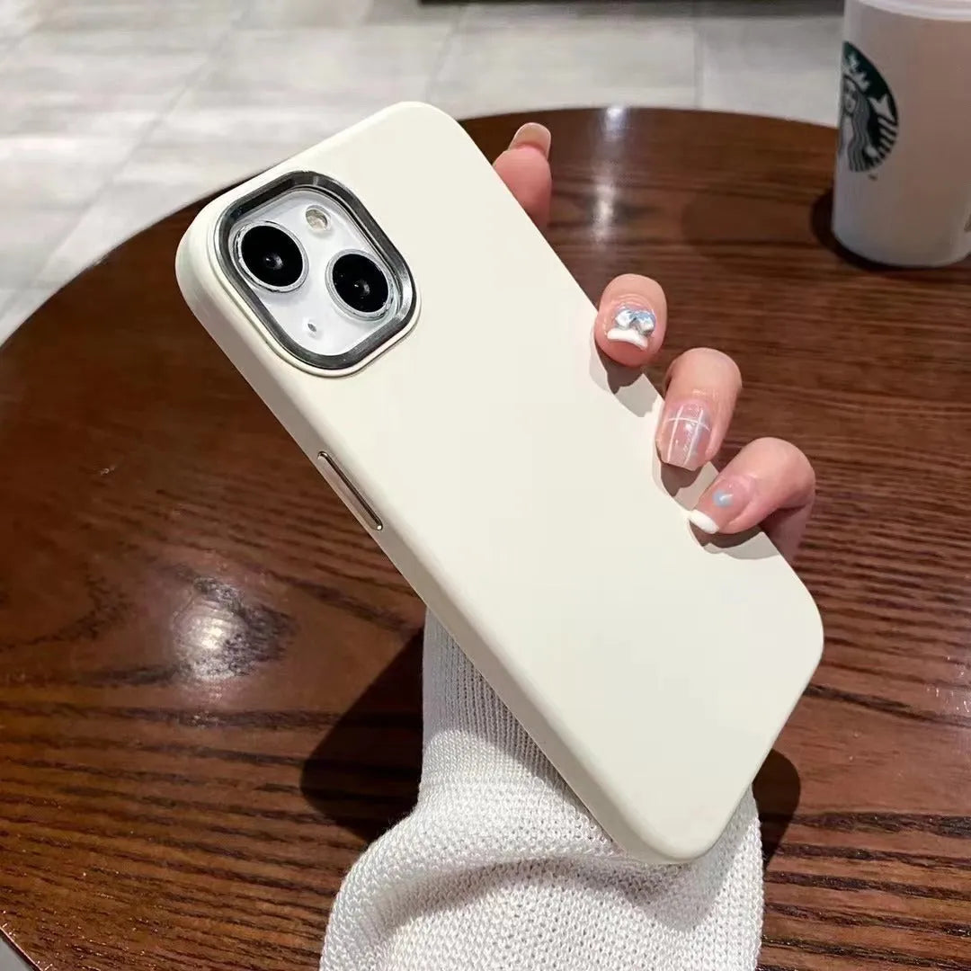 Full-cover liquid silicone metal phone case in Antique White for iPhone 14 Pro Max