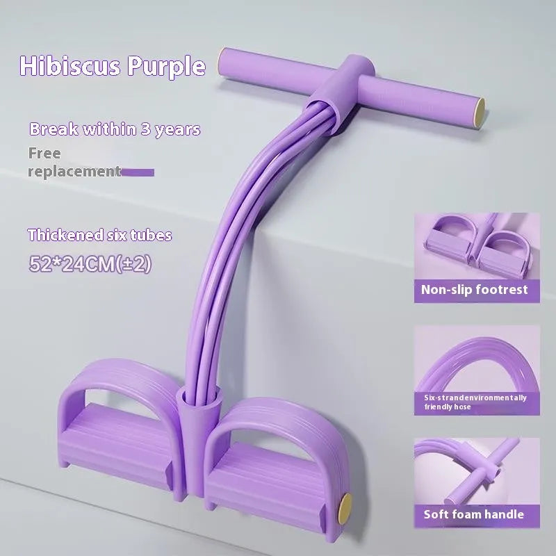 Purple and blue home fitness slimming pedal with adjustable tension and two detachable elastic puller ropes with handles.