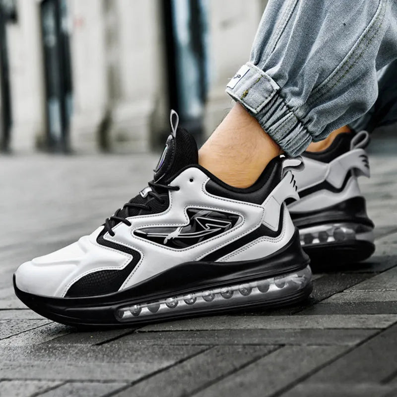 Men's colour-matching lace-up air cushion sneakers with thick sole, microfiber upper, and PU sole in black, green, and white