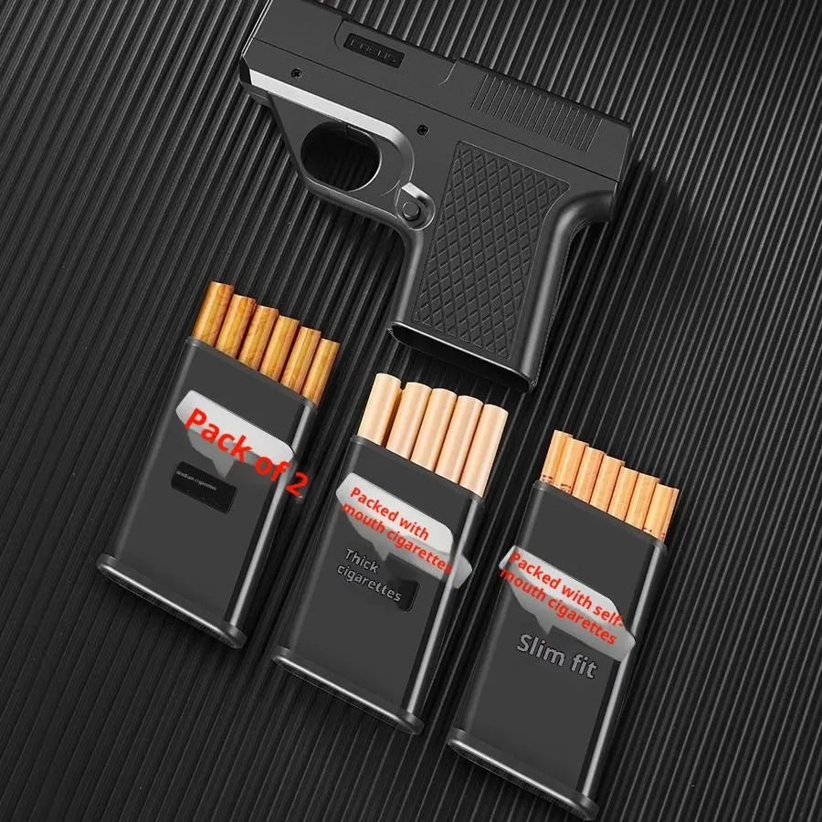 Plastic windproof gas lighter with cigarette case in black colour with three cigarette boxes