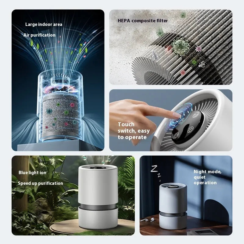White desktop air purifier with USB cable for small room formaldehyde and odour removal