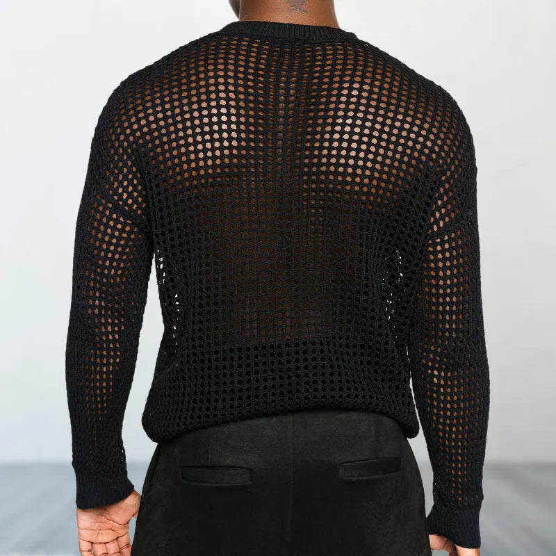 Black loose fit thin round neck acrylic pullover sweater on plain background