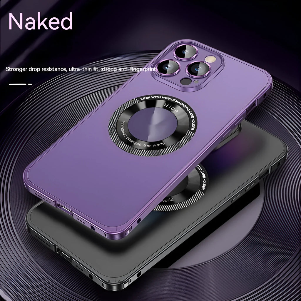 Black metal frame phone case with spring fastener for iPhone 14 Pro Max, frosted finish