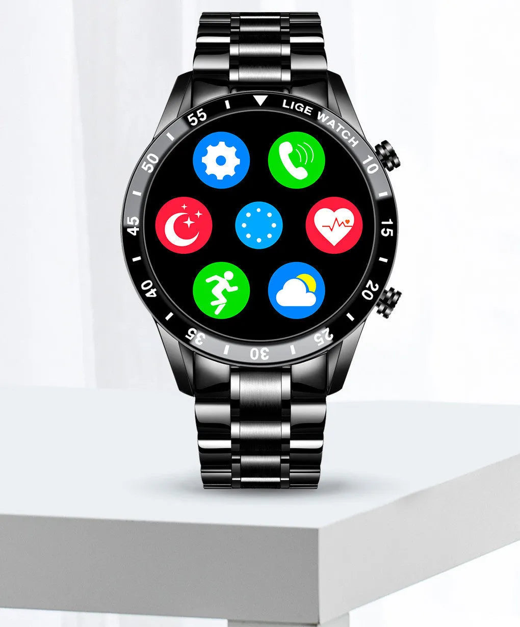 Silver stainless steel smart watch with black touch screen displaying step count