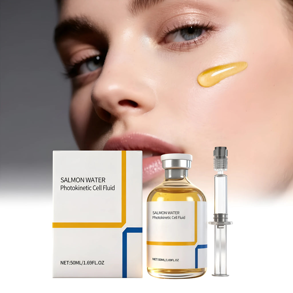 Facial essence ampoule 50ml with collagen and salmon extract, next to mixing tube, on clean surface