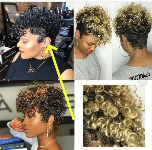 Women's short synthetic wig with simple rolls style in Kanekalon material shown in black, brown, gold, and grey colours.