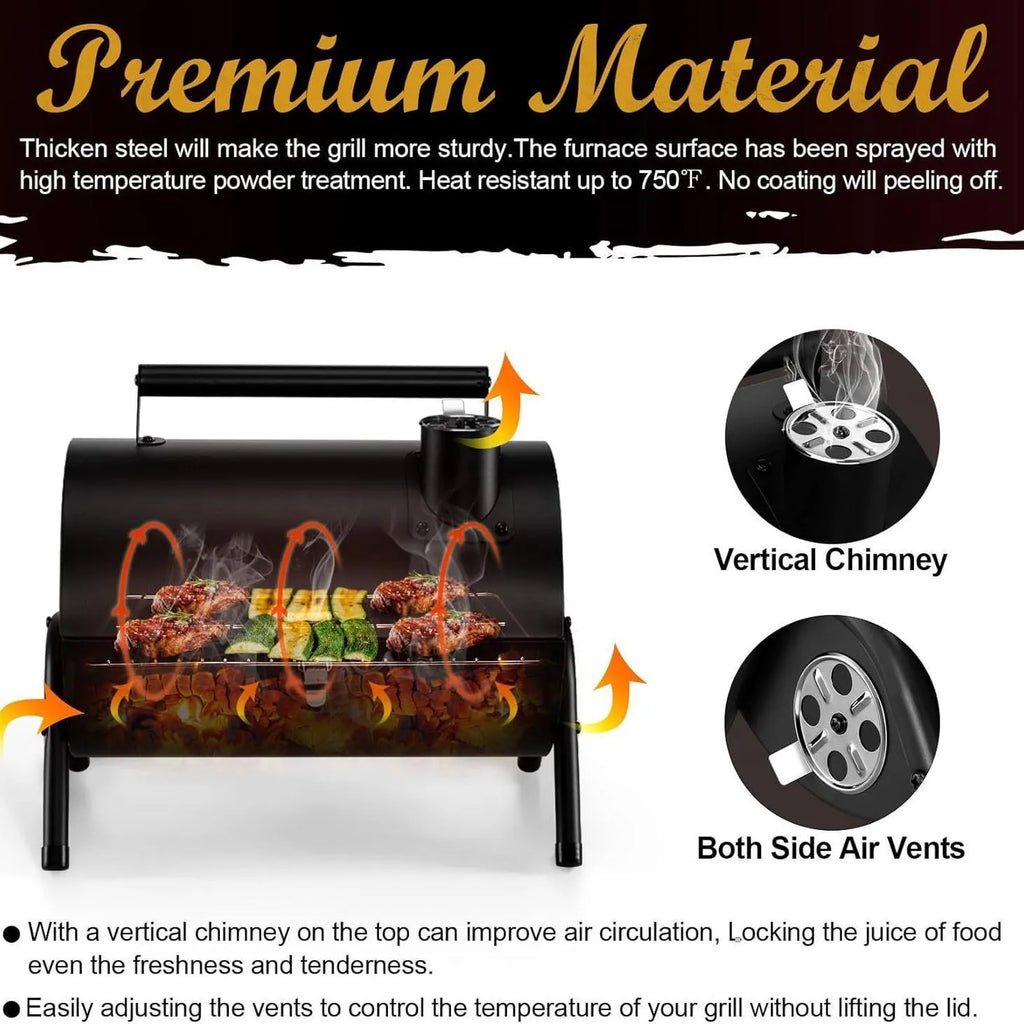 Small metal folding desktop barbecue charcoal stove with grill.