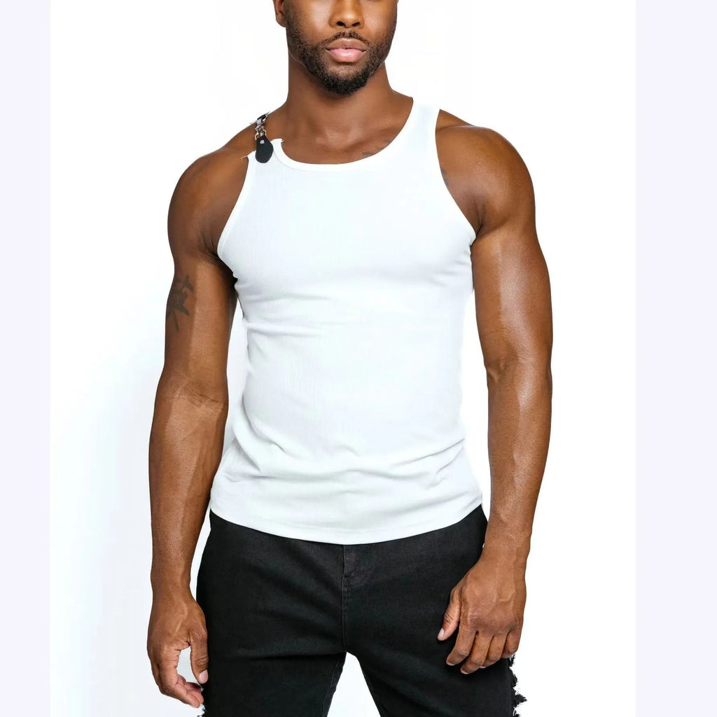 A solid black or white sleeveless cotton blend vest on a hanger, showing its tight-fit style.
