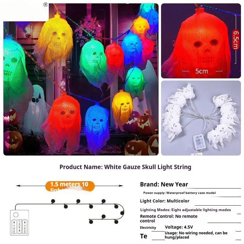 Battery-powered Halloween coloured LED string lights for indoor wall decoration.