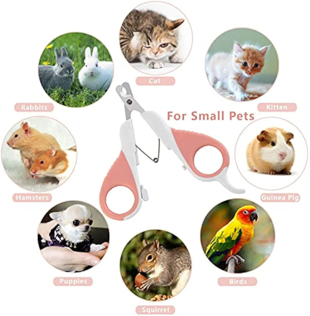 Grey and pink angled cat nail clippers with safety guard and rubber-coated handles.