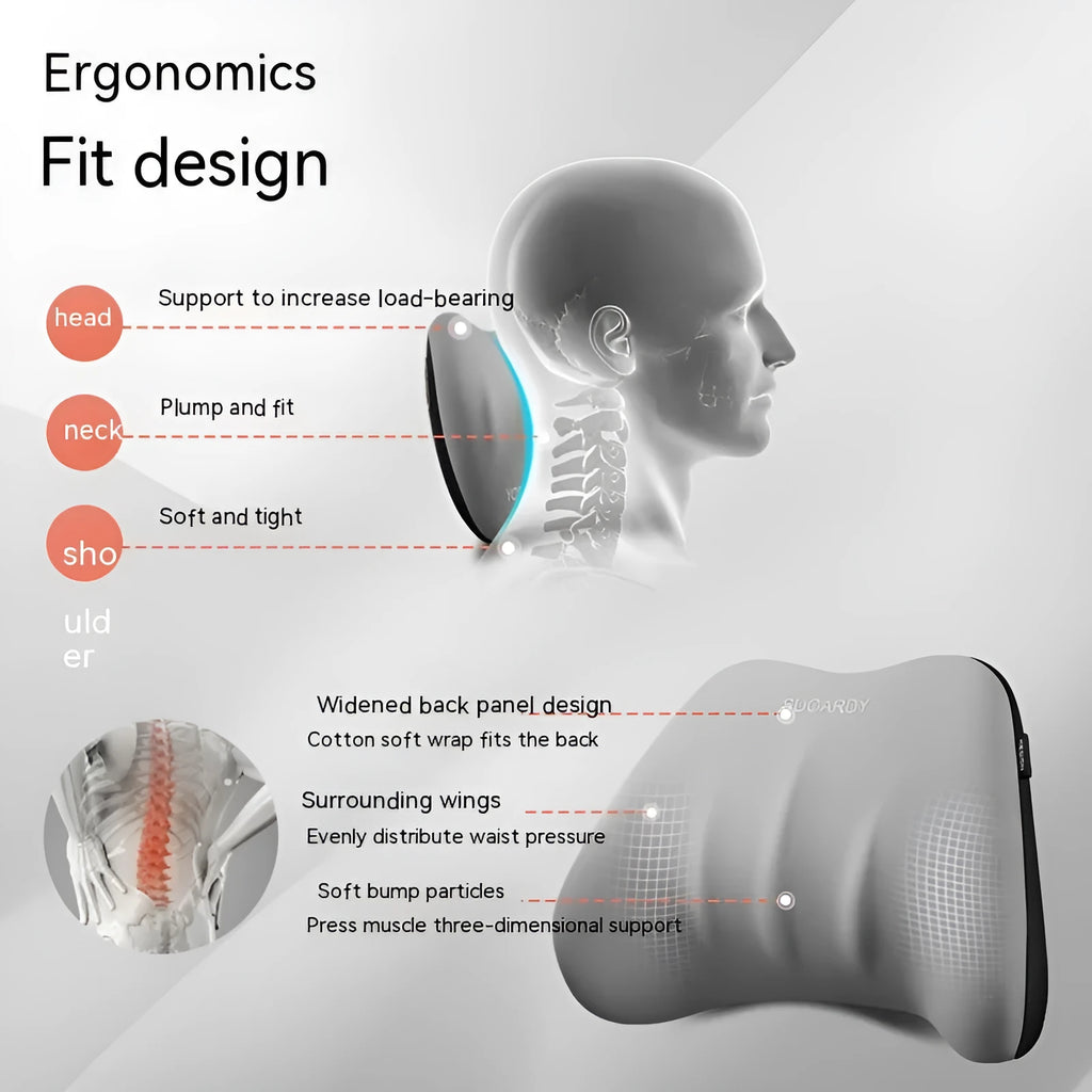 Memory foam car lumbar support pillow shown in grey with matching headrest