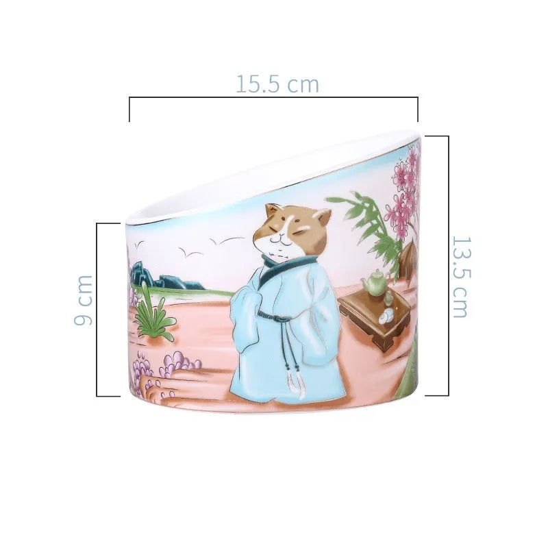 Ceramic high-leg cat bowl with double compartments and slanted mouth Chinese design