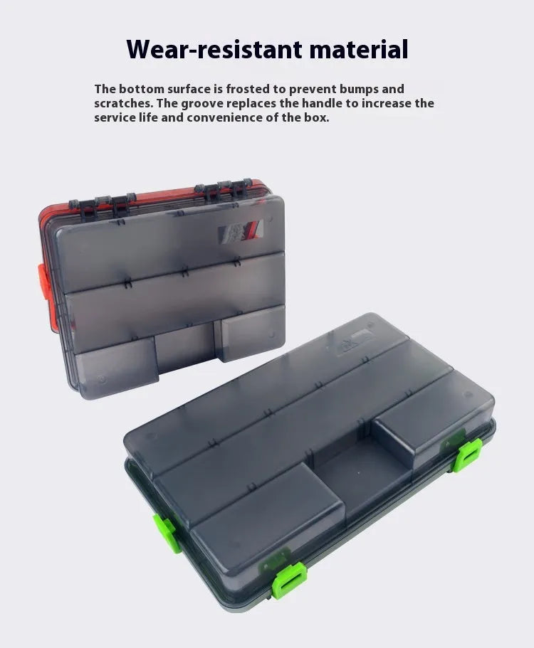 Blue waterproof PP plastic fishing lure storage box with lid open, showing compartments.