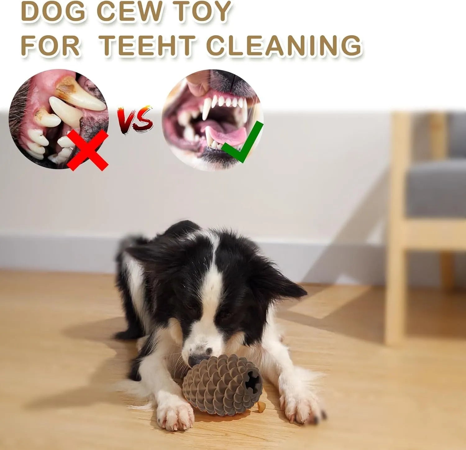 Yellow pine cone-shaped natural rubber dog chew toy with treat dispenser on a white background.