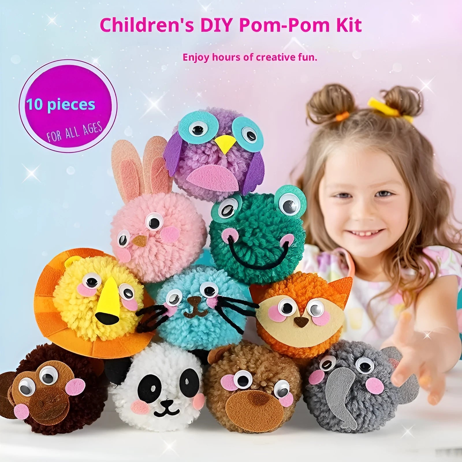 DIY children's educational toy set with five craft styles including animal pom-pom and unicorn rainbow