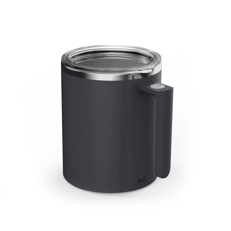 White automatic stirring coffee cup with magnetic base and 360ml capacity shown on a desk.