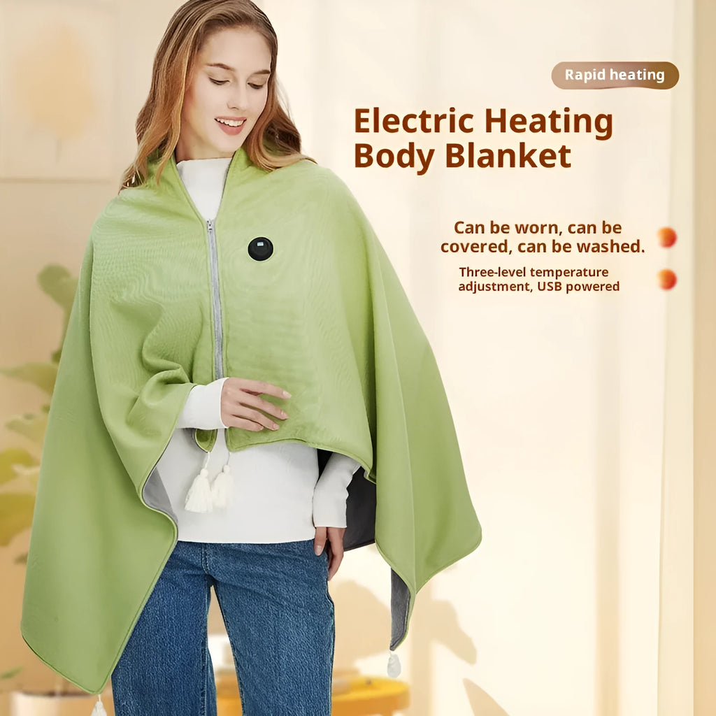 Solid-colour polyester heated shawl blanket in green, red, or beige with 4000mAh or 5000mAh power bank
