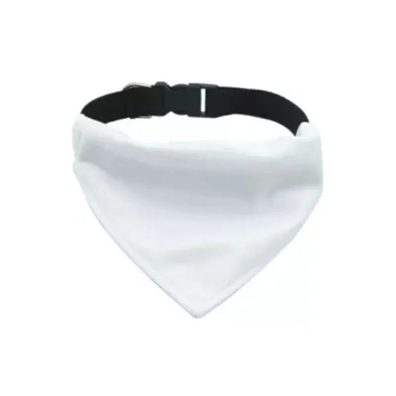 Blank white polyester dog scarf bandana for custom thermal transfer printing, shown in four sizes.