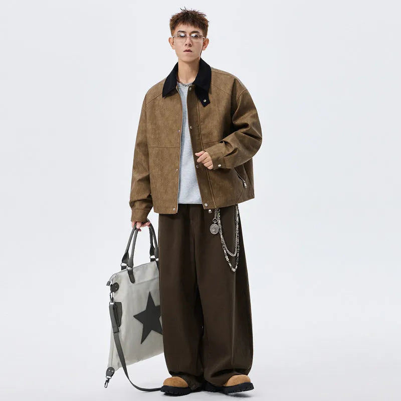 Large size men's PU leather coat with polo collar, available in black, khaki, and caramel, sizes M to 8XL
