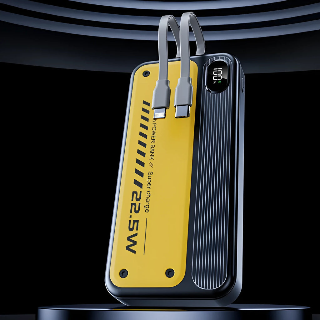 225W fast charge portable power bank with cable multi-USB output black plastic shell 146x69x29mm