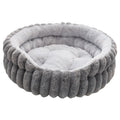 Round plush cat bed in grey, 50cm diameter, on a wooden floor