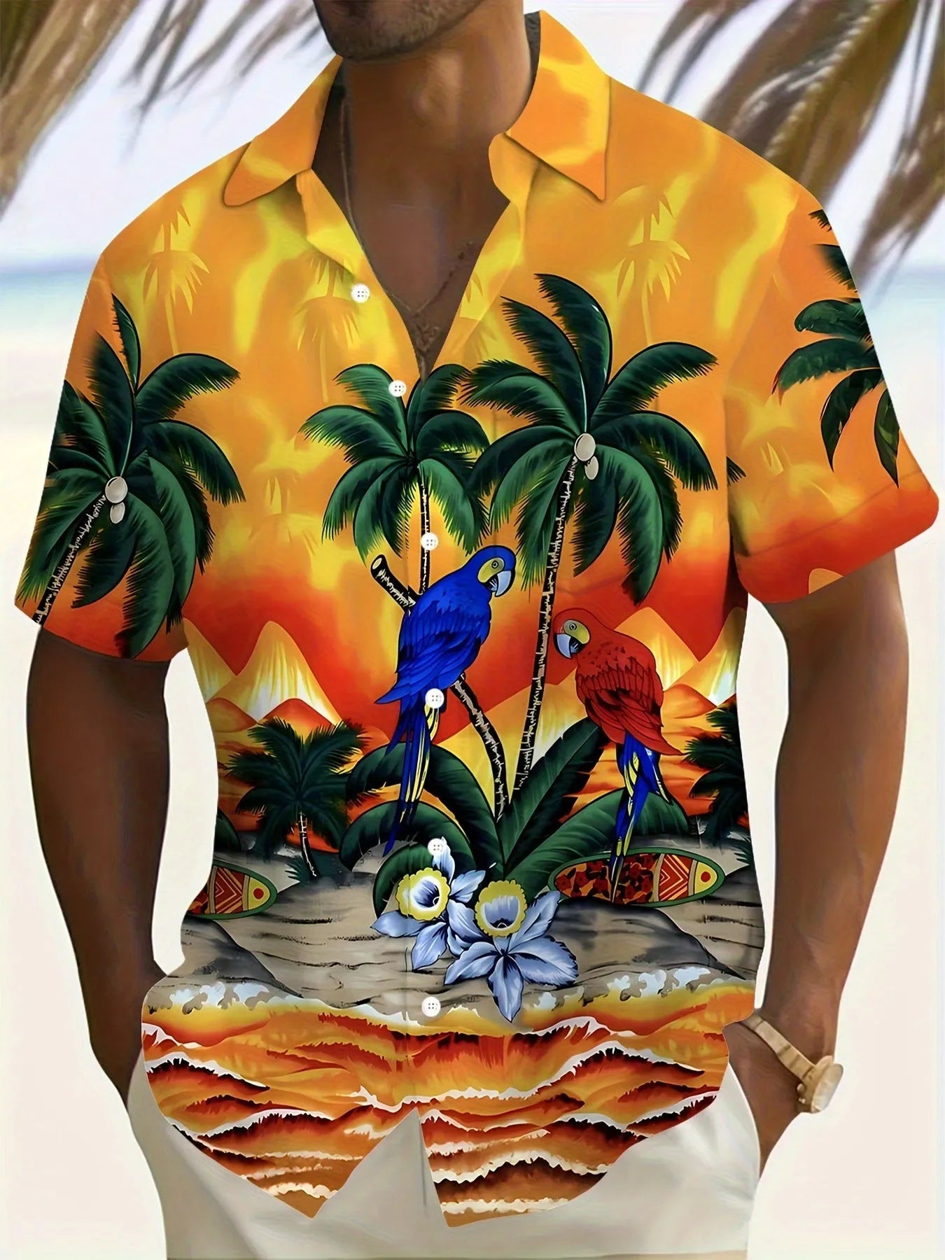 Men's floral print short sleeve shirt with loose cardigan style in polyester elastic fabric