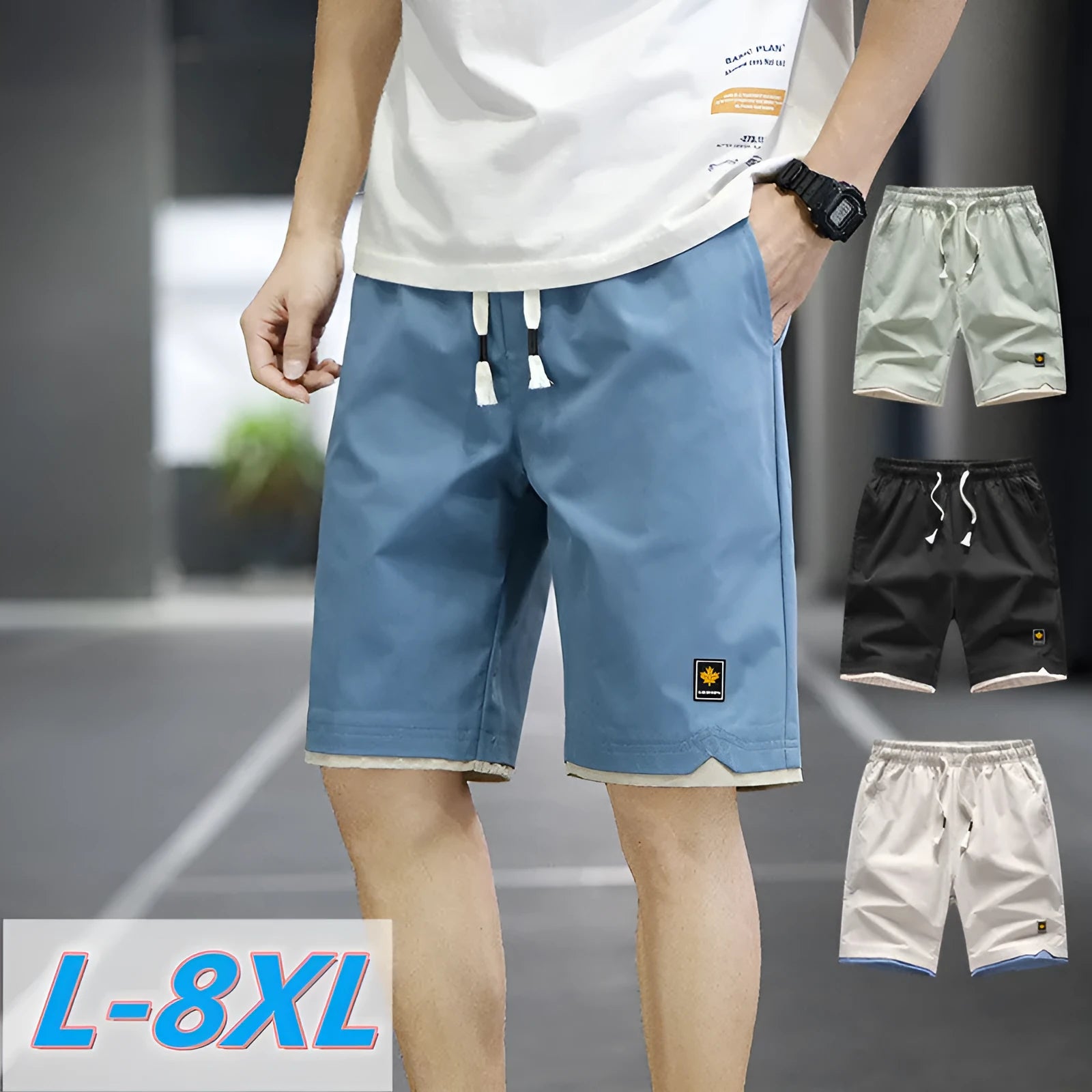 Men's loose-fit straight-leg beach shorts in polyester, shown in a khaki colour.