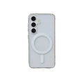 Transparent magnetic silicone phone case for Samsung Galaxy and A-series smartphones on a flat surface.