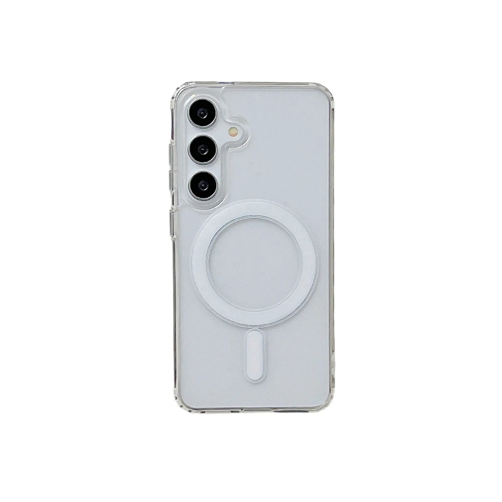 Transparent magnetic silicone phone case for Samsung Galaxy and A-series smartphones on a flat surface.