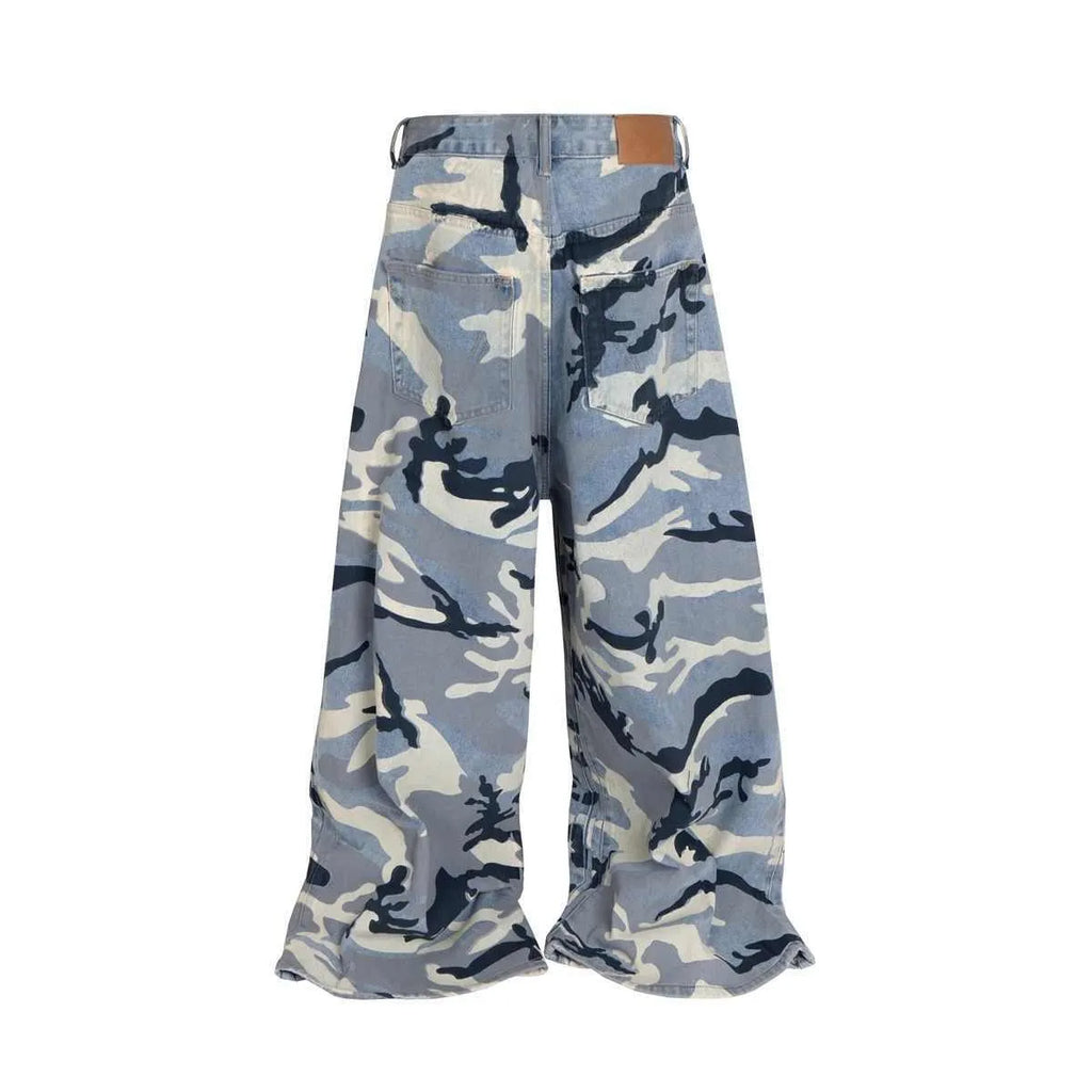 Snow camouflage blue loose fit denim jeans on a mid waist, showing the micro-elastic fabric texture.