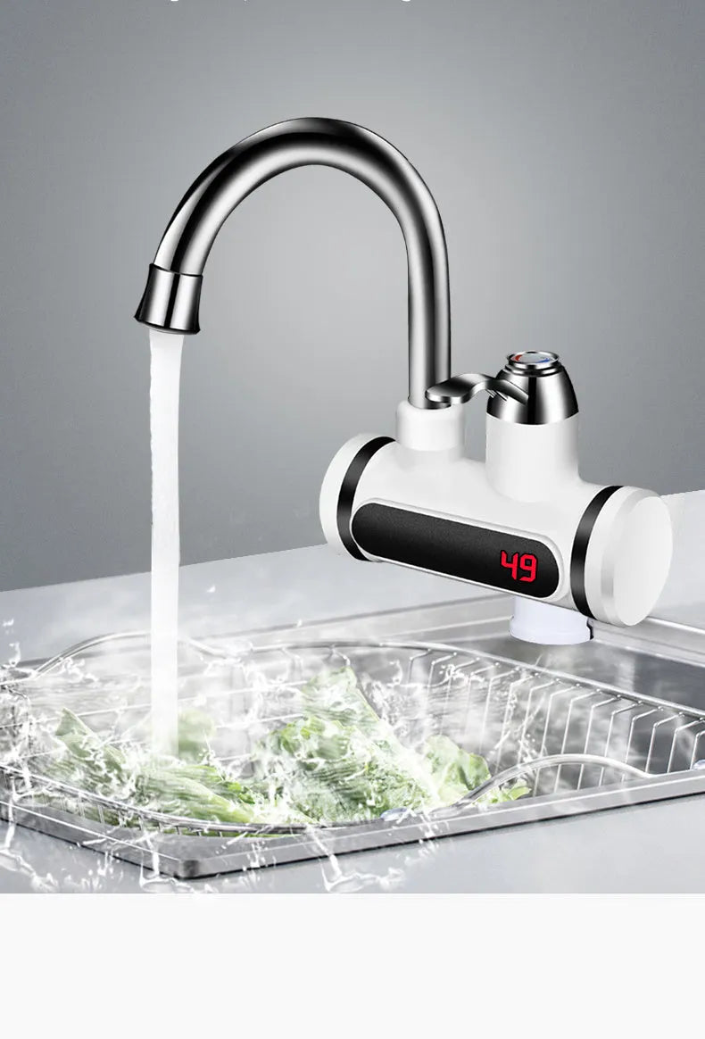 White kitchen electric instant water heater tap with digital temperature display on its front.