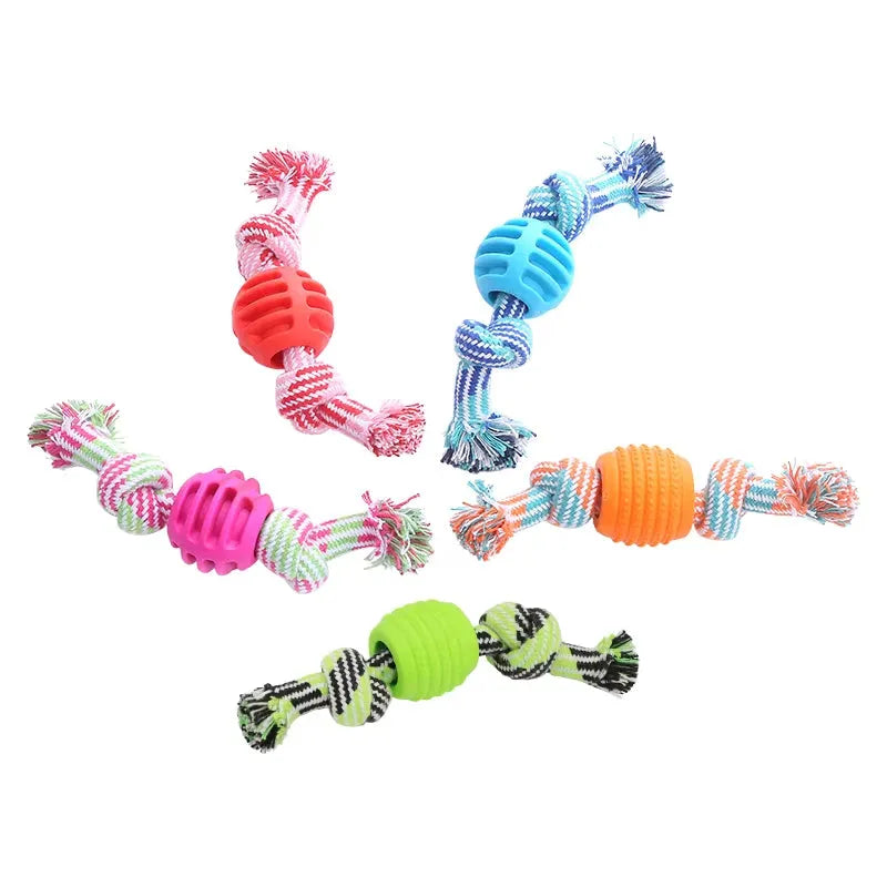 Cotton rope double knot ball dog toy in blue green orange pink red for chewing and tooth cleaning