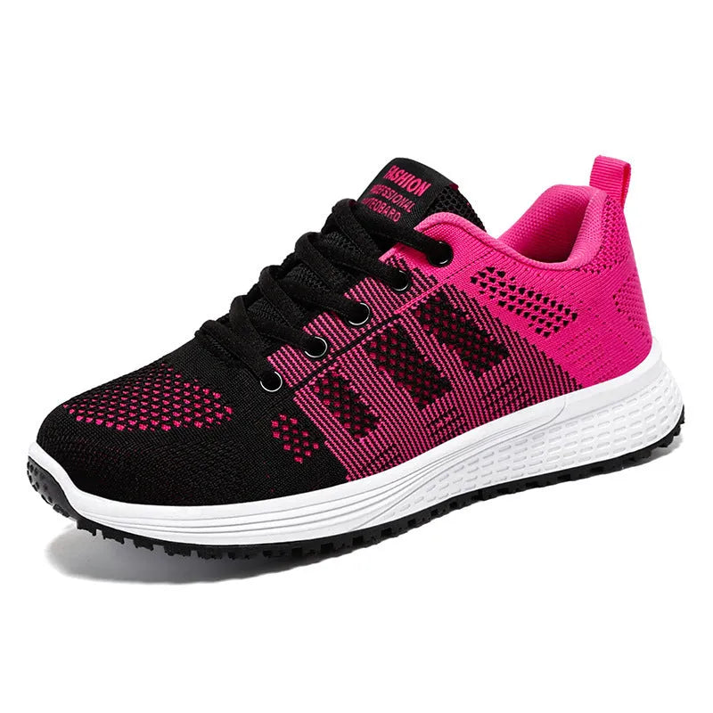 Women's running shoes with Flyknit upper in black, rose red, or gray pink with flat heel and soft bottom