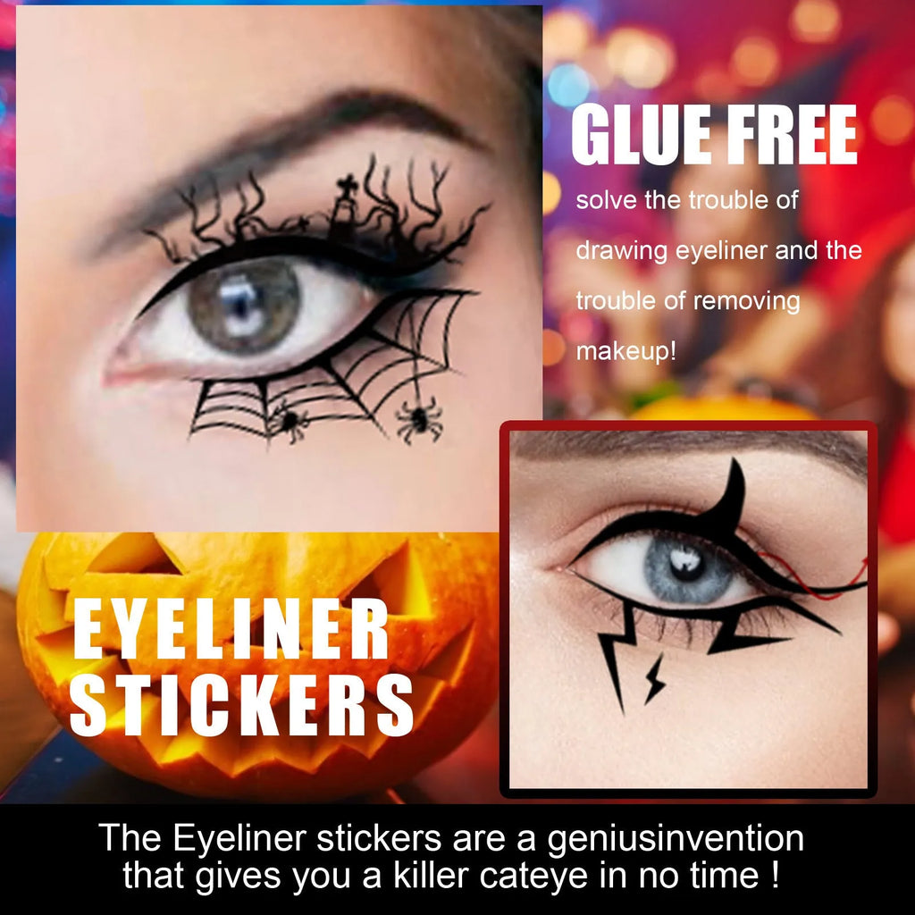 Pack of black bat and spider shaped eyeliner stickers for Gothic Halloween makeup.