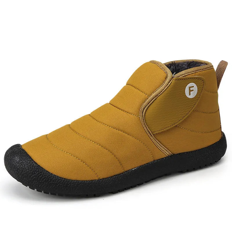 Men's waterproof cotton snow boots with non-slip rubber sole in black, blue, green, and yellow.