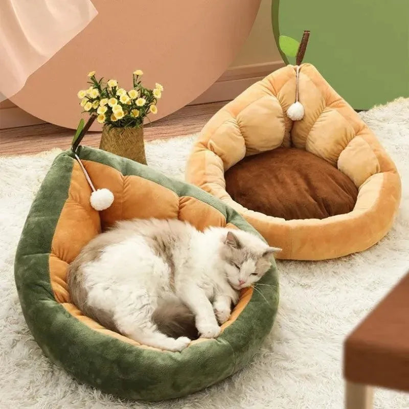 Soft coffee-coloured cotton pet bed with fluffy fleece interior and a raised bolster edge for a cat or small dog.