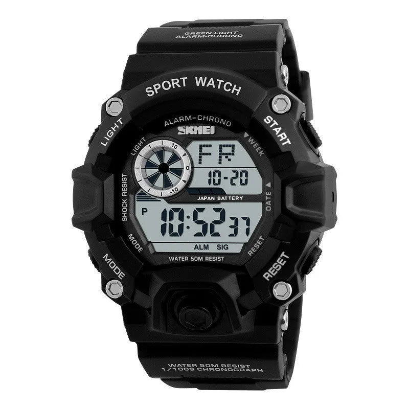 Camouflage green waterproof electronic sports watch with round dial and plastic strap on wrist.