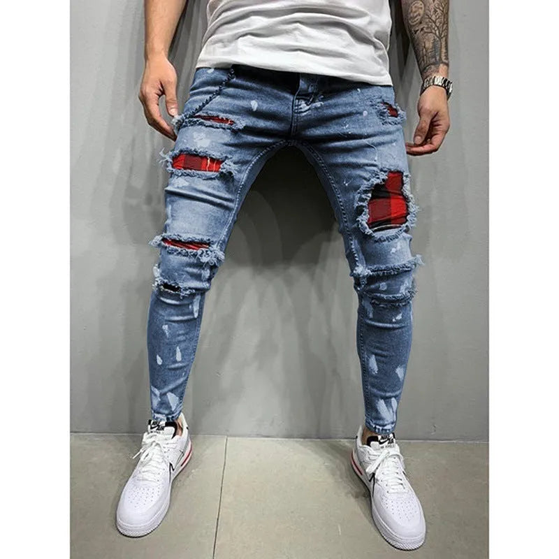 Men's cotton paint jeans in black, blue, or grey, Asian sizes S to 3XL