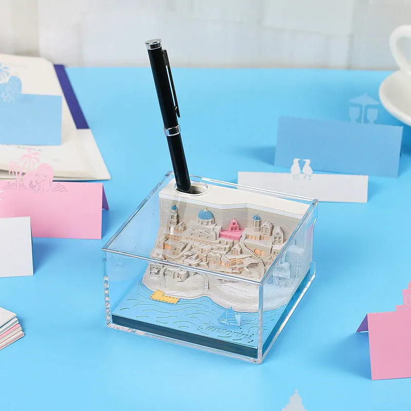 3D paper carving model of Santorini beach with LED lights, made from a notepad