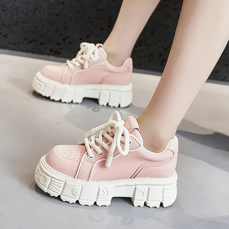 Women's beige and pink muffin bottom casual leather shoes with height-increasing design