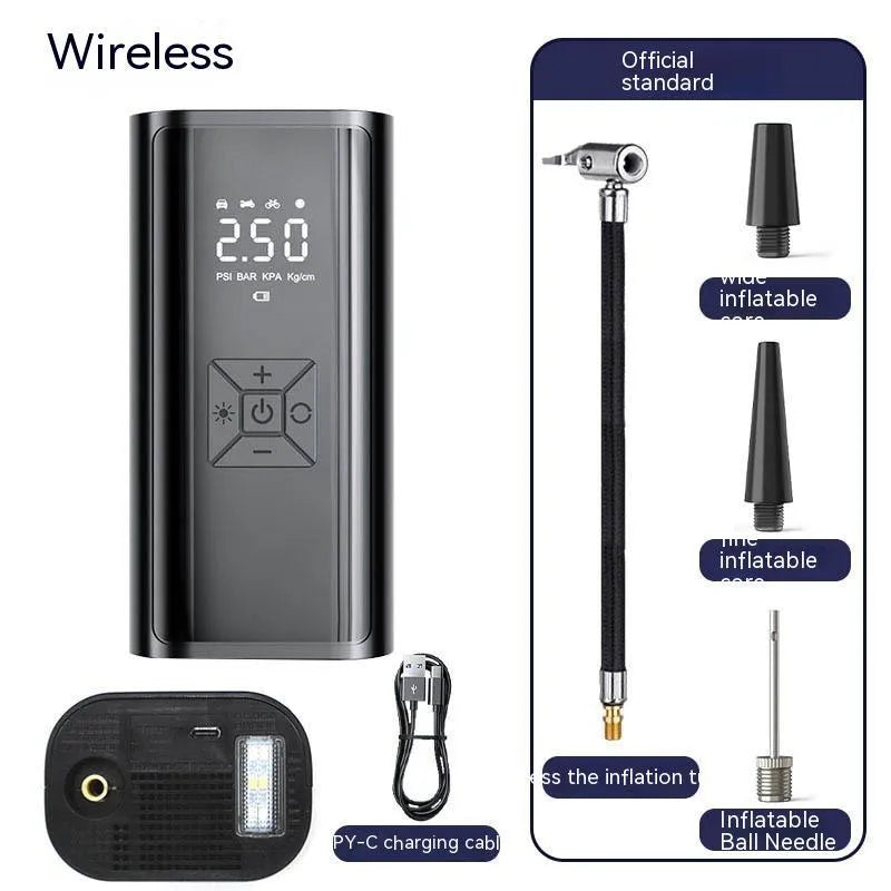 Portable wireless digital display car tyre pump with ABS housing and metal components.