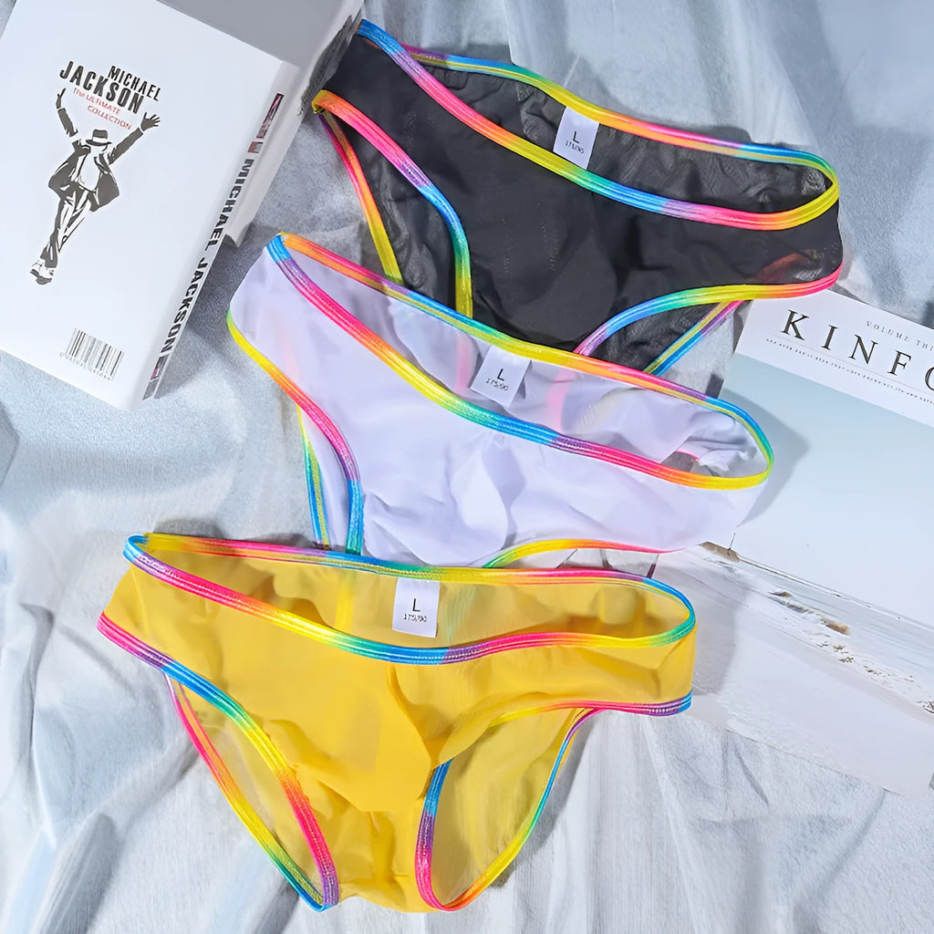 Women's transparent mesh briefs in multiple colours on a white background.